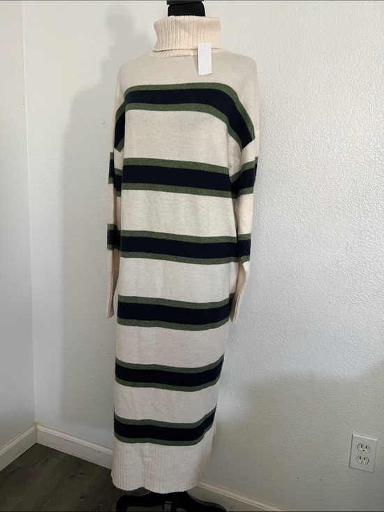 LOFT Sweaters - LOFT Cream Turtleneck Sweater Dress with Navy and Olive Stripes